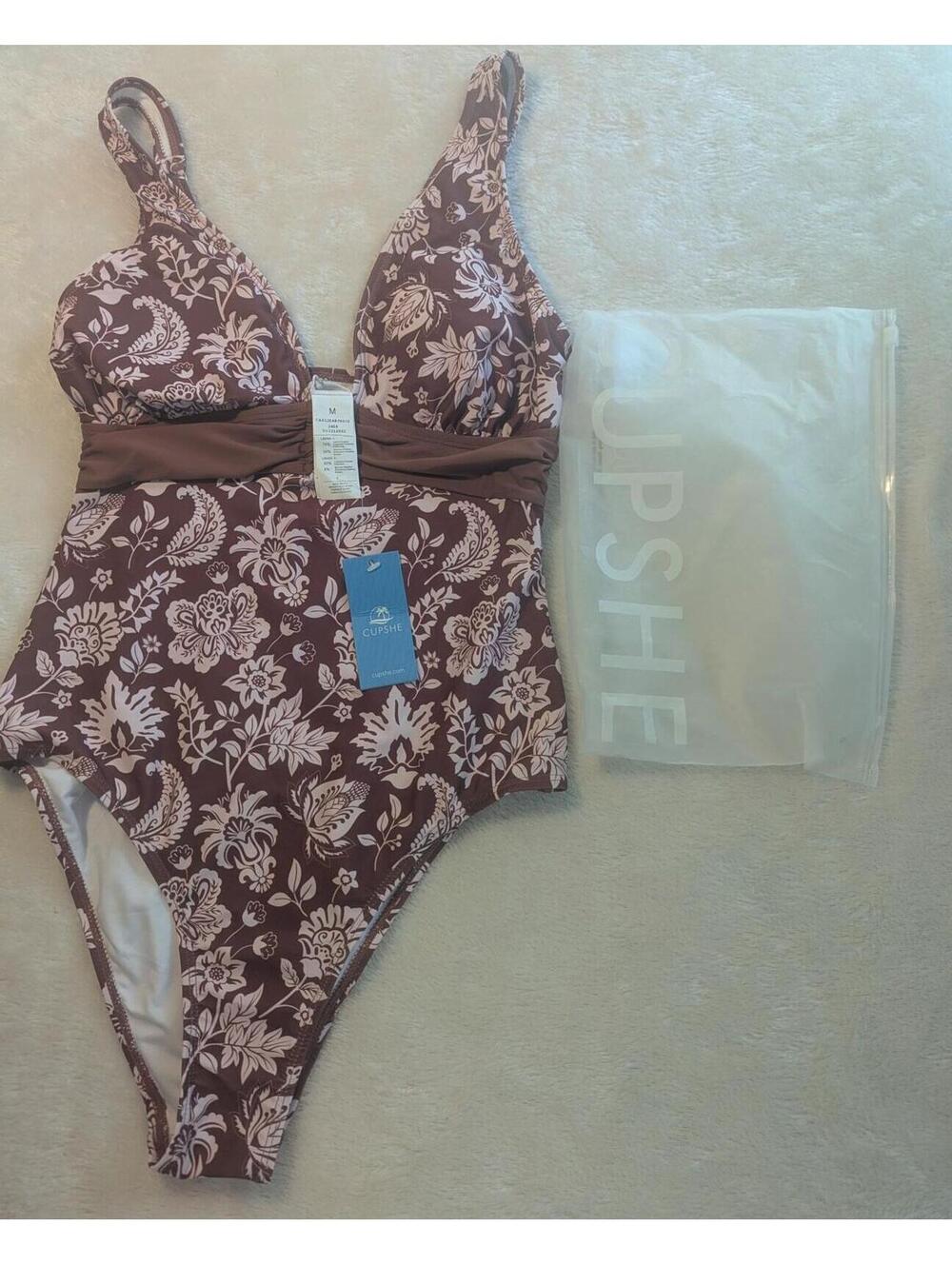 NWT Cupshe Floral One-Piece Swimsuit with Brown Accents